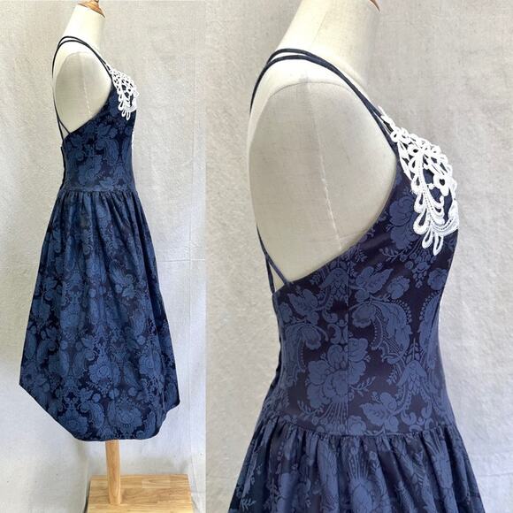 Gunne Sax vintage 80s navy brocade tea length formal/party dress size 7/8 - Picture 4 of 16